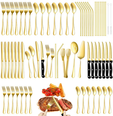 69 Piece Gold Silverware Set with Steak Knife Service For 8, Golden Flatware Cutlery Set Stainless Steel Utensils
