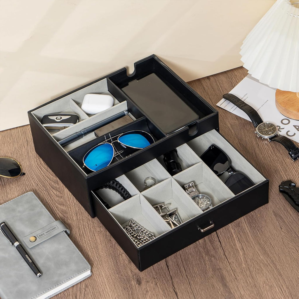2 Layers Valet Tray Gift for Men, Nightstand Organizer EDC Dump Catchall Trays with Phone Charging Station, Dresser