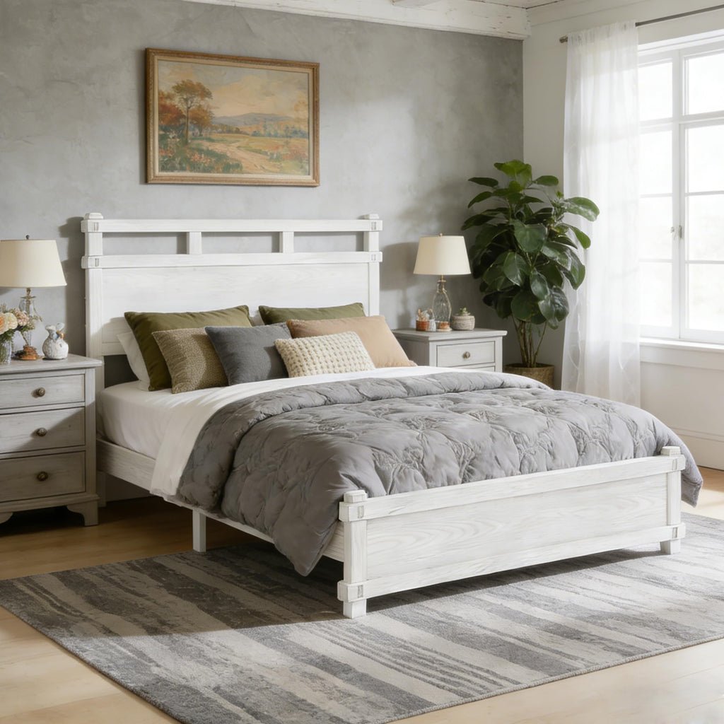 Laramie Farmhouse Bed Frame, Wooden Bed Frame with Two Tier Headboard and Wood Slat Support, Wood