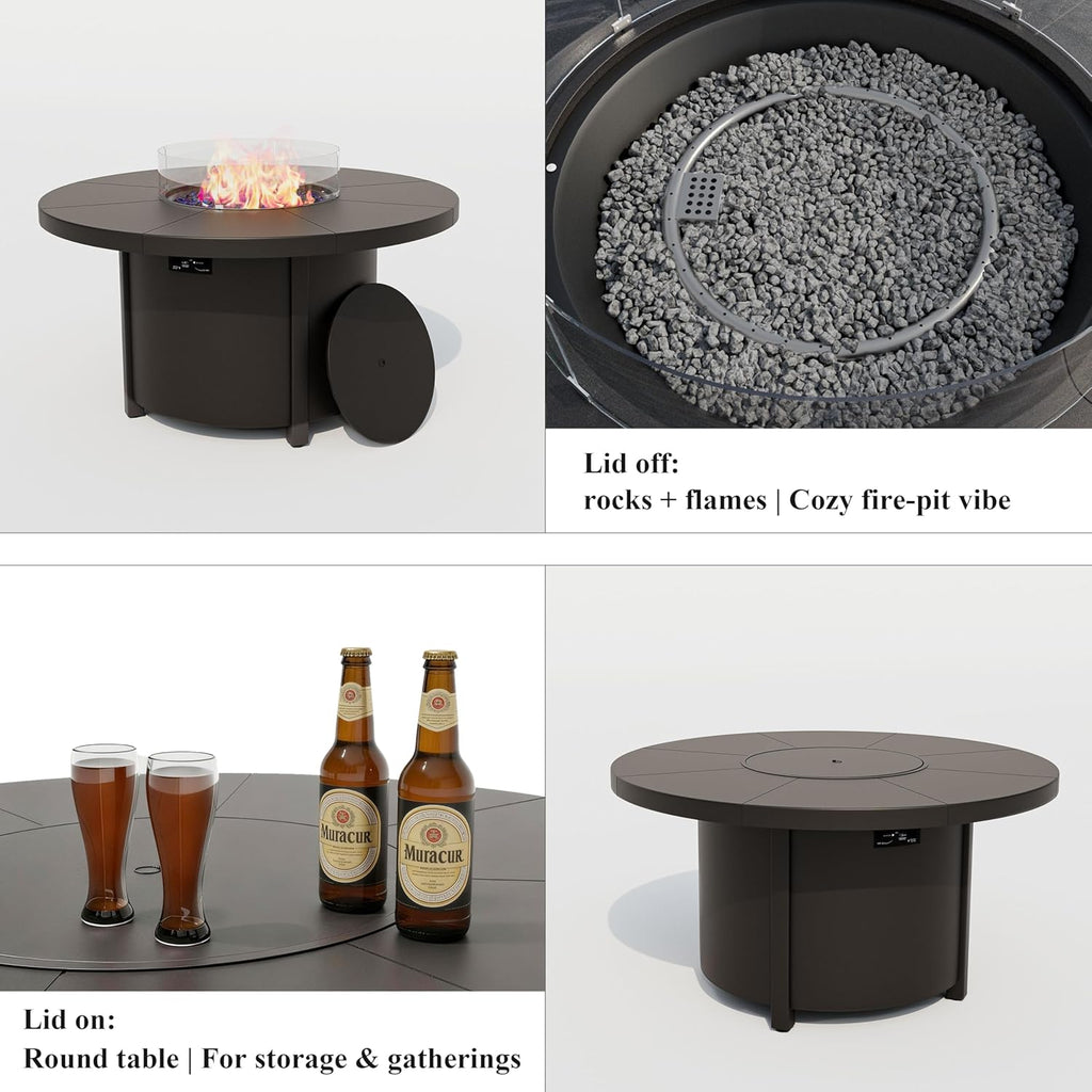 48 Inch Round Propane Fire Pit Table, 55000 BTU Auto-Ignition Gas Fire Pit with Steel Tabletop, Adjustable Flame