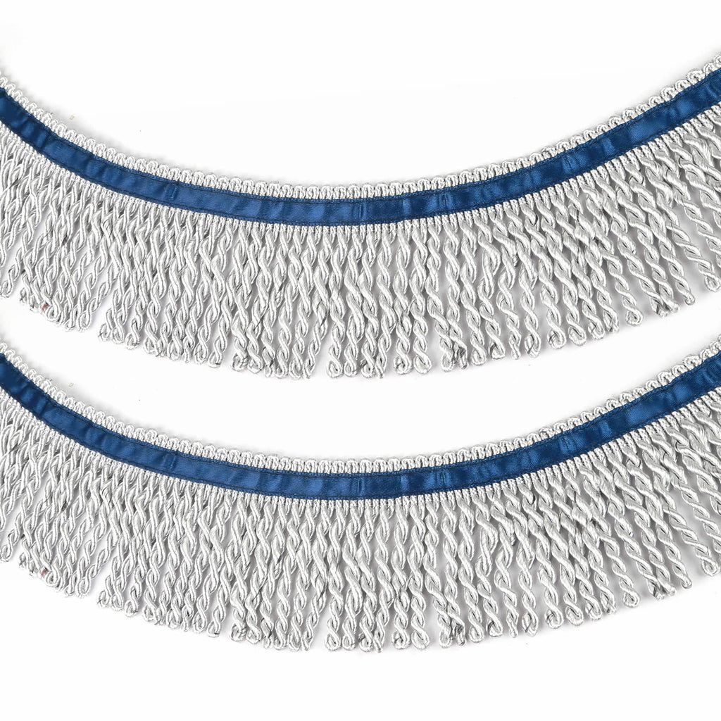 2.5" Wide Bullion Fringe Trim with Blue Ribbon,Silver - 5 Yard