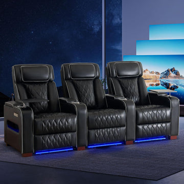 Luxury Home Theater Seating - Power Recliner with Adjustable Headrests, Blue LED Ambient Lighting, Tray Table