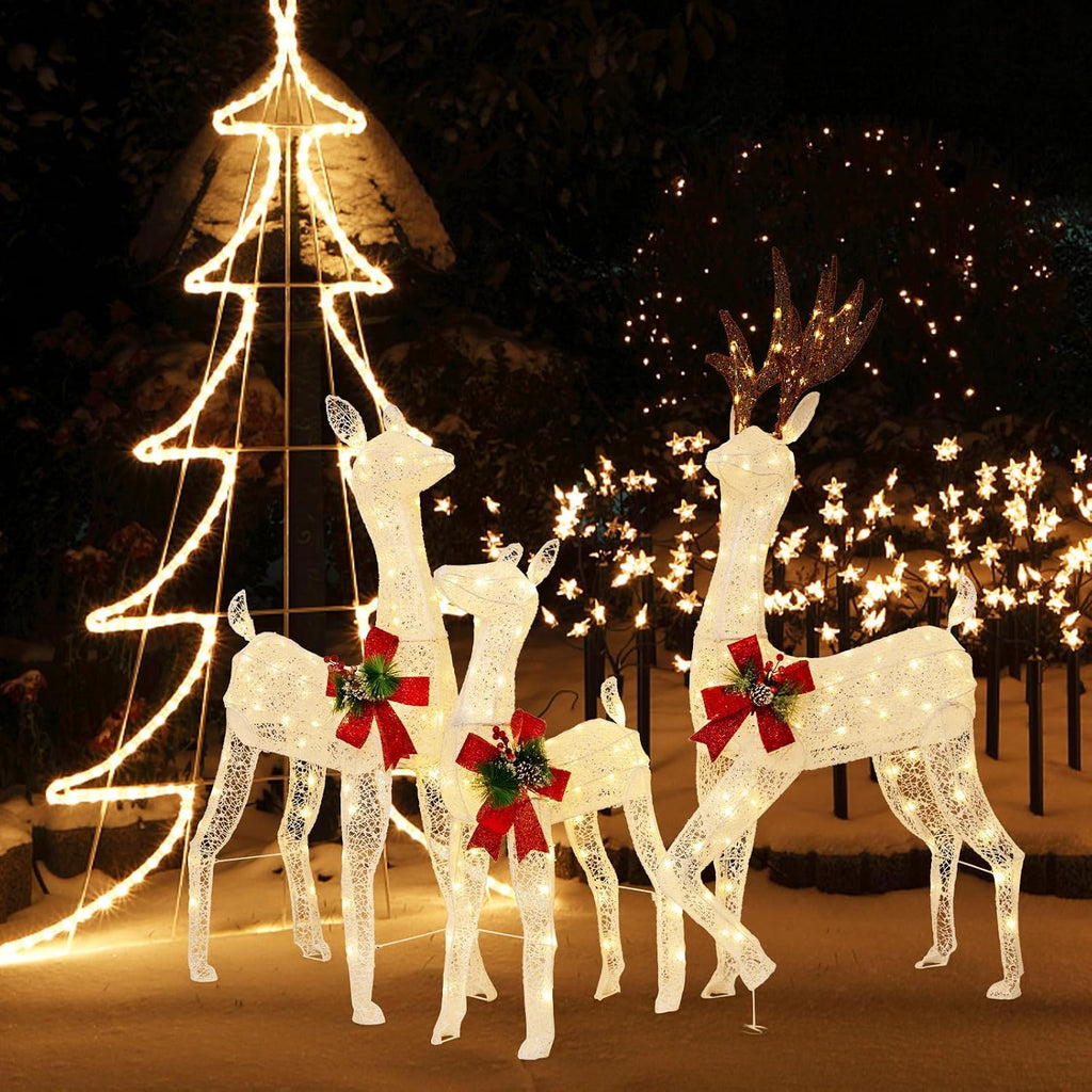 3-Piece Lighted Christmas Reindeer Family Set, Indoor Outdoor Christmas Decoration with 230 Warm Color Lights, Buck
