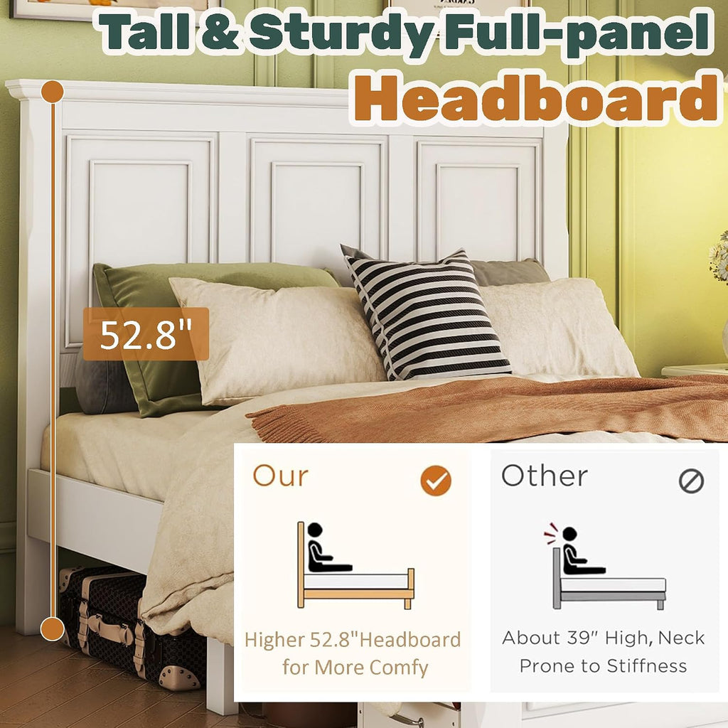 Farmhouse Queen Bed Frame with Tall Headboard and Footboard, White Wood Bed Frames Queen with Under Bed Storage