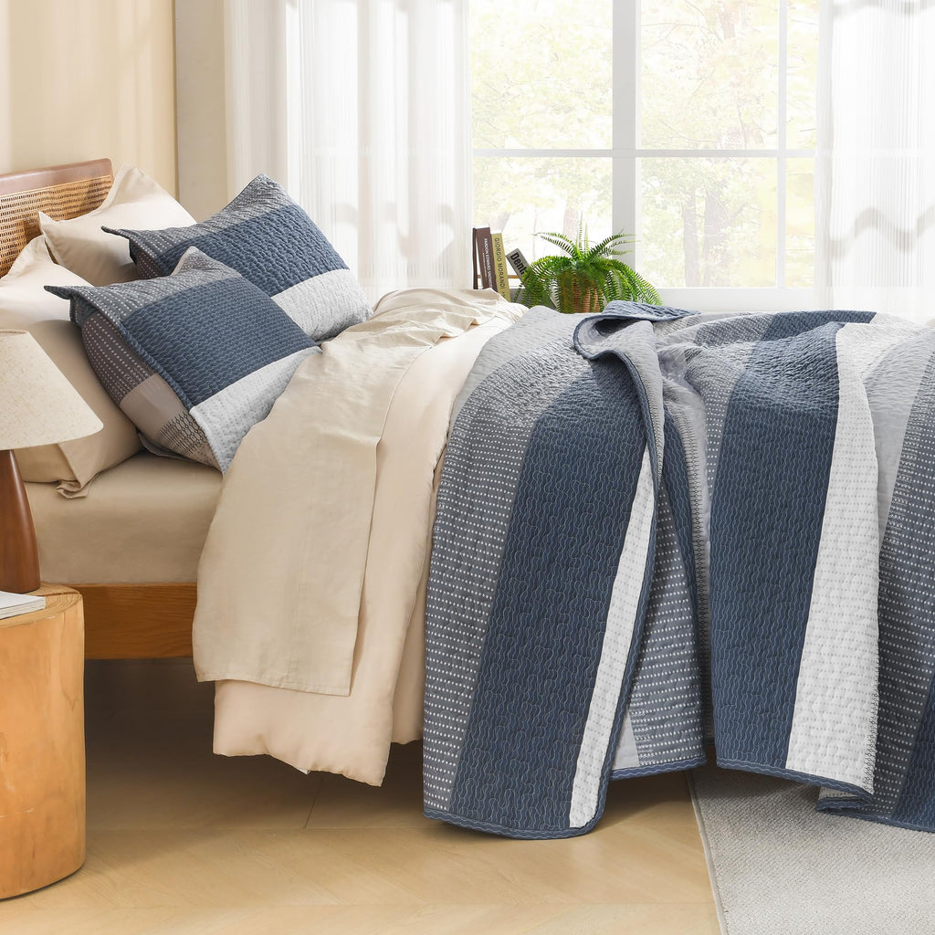 Super Quilt, 3 Pcs Navy Blue Stripe Bedding Set