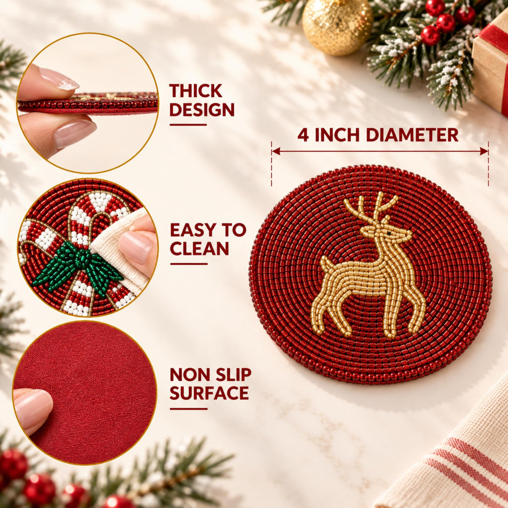 Cute Christmas Coasters Set Of 4, Waterproof Boho Table Decor