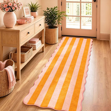 Scalloped Kitchen Runner Rug, Orange Pink Stripe, 2 x 6 Ft