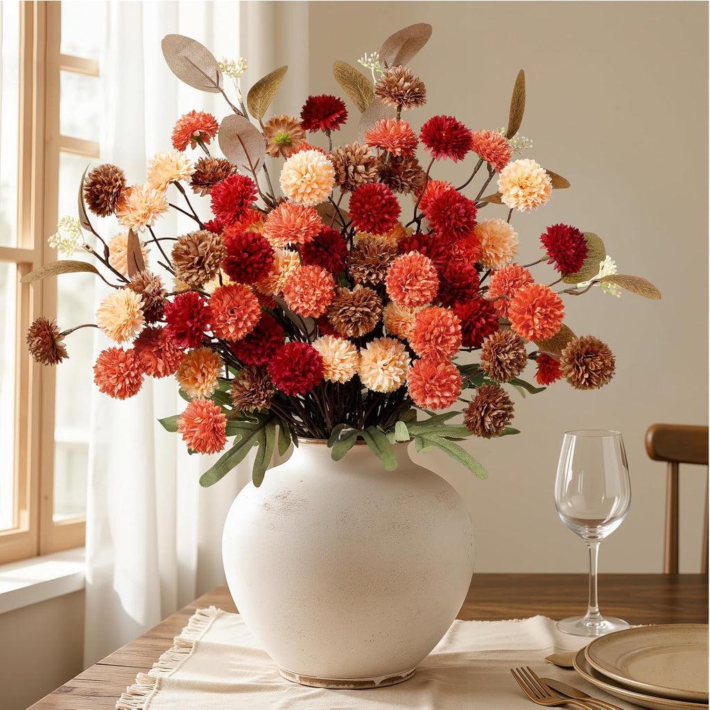 Silk Mums Artificial Fall Flowers with Eucalyptus for Vase - Set of 16