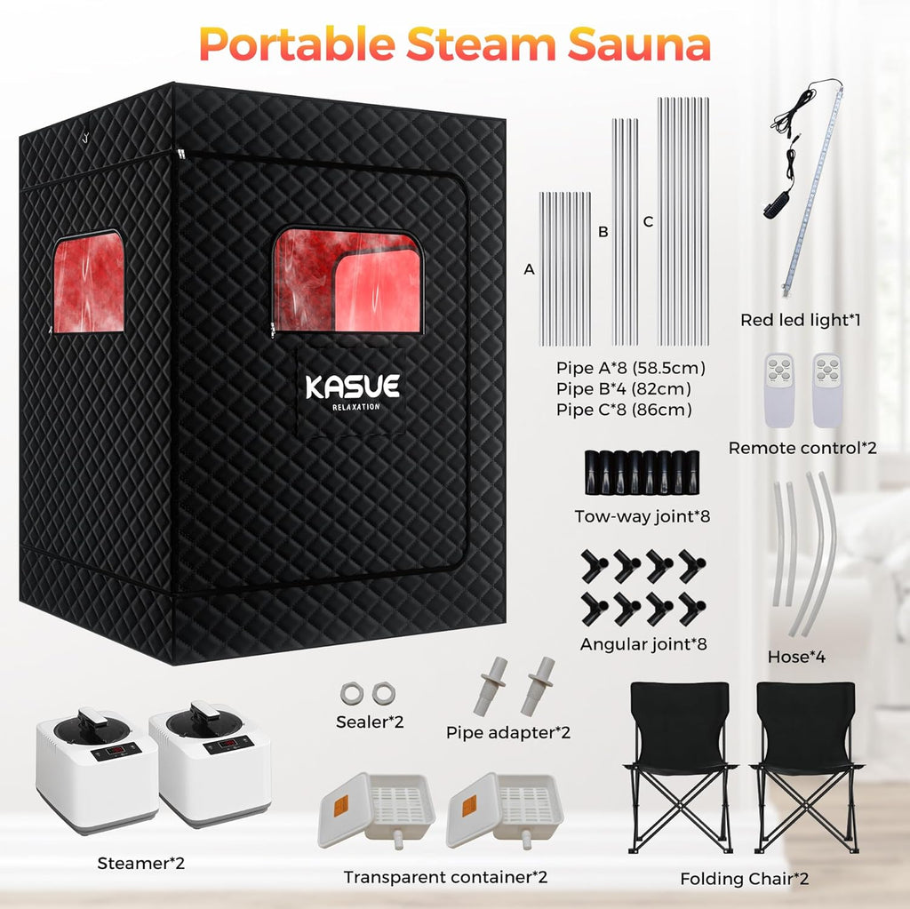 Upgraded 2 Person Sauna, Portable Infrared Sauna with 5-Layer Waterproof, 2 Steamers, 2 Folding Chair