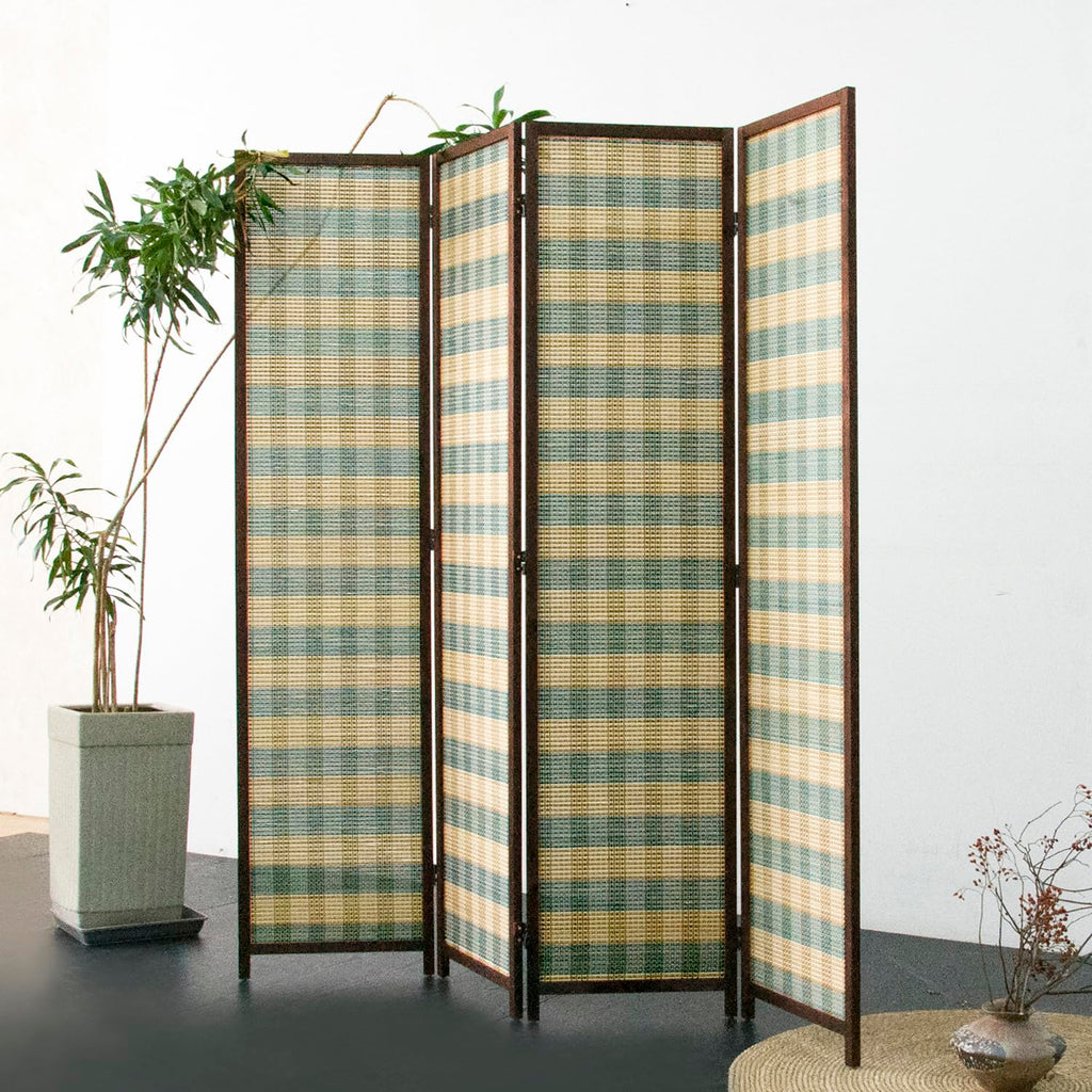 4 Panel Bamboo Room Divider, Blue Stripe Folding Privacy Screen