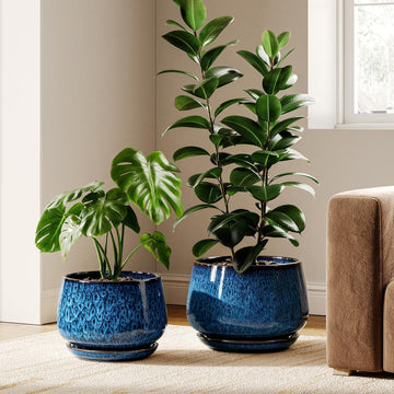 Ceramic Plant Pots, 10 + 12 Inch, Set of 2, Obsidian Blue