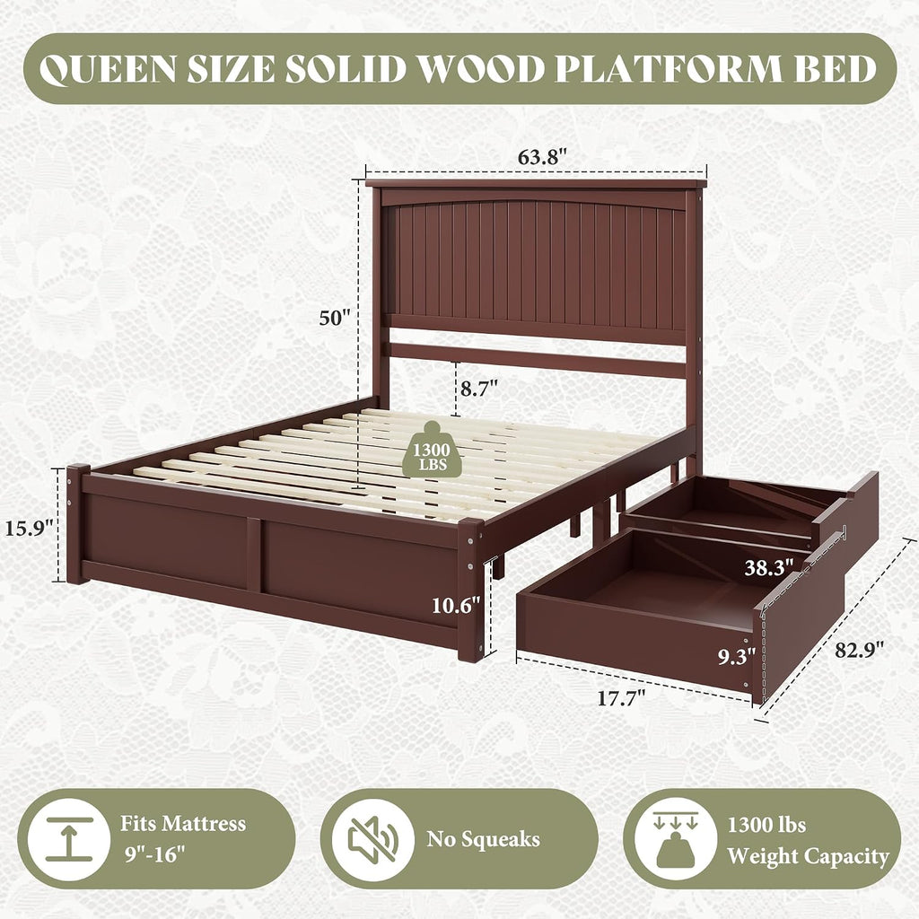 Solid Wood Queen Storage Bed Frame with 50" Headboard, Espresso