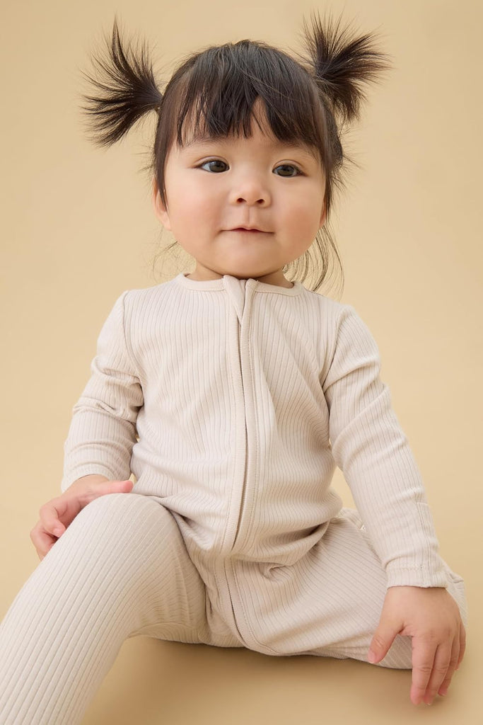 Baby Ribbed Clever Pajamas with Two-Way Zips & Scratch Mitts - Footed Nightwear - Viscose from Bamboo & Cotton
