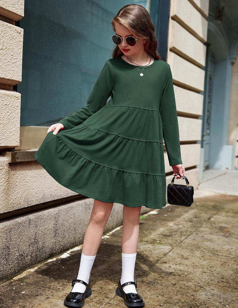 Girl Long Sleeve Dress Tiered Ruffle Swing Tunic Shirt Dress