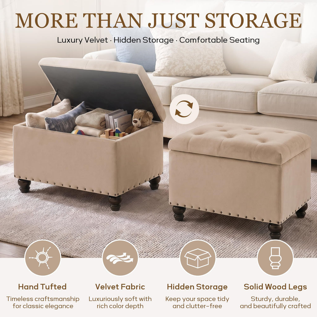 Velvet Storage Ottoman Bench, Button Tufted Ottoman with Hidden Storage, Upholstered Foot Rest Stool with Solid Wood