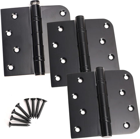3 Pack Black Heavy Duty Pin Removable 4" X 4 Inch Stainless Steel Ball Bearing Square Door Hinges with 5/8" Radius