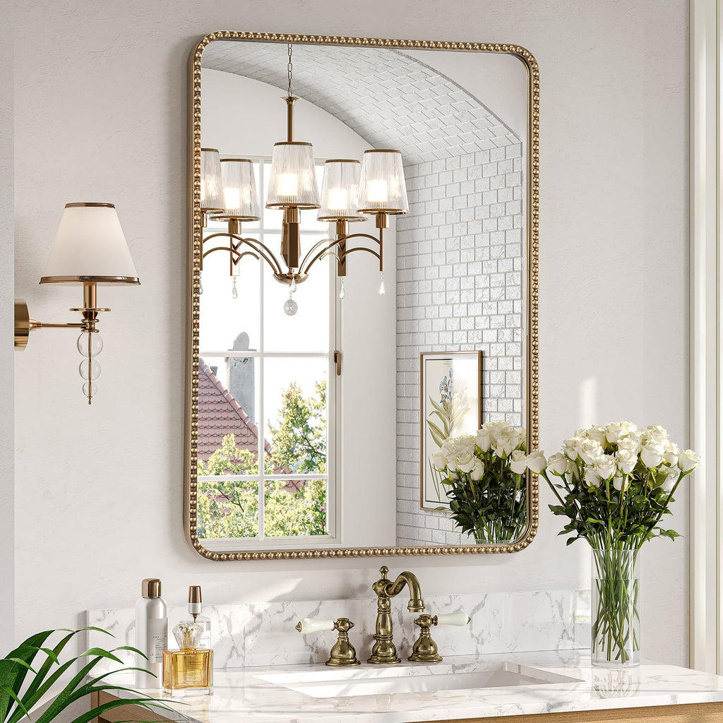 24"x32" Champagne Bronze Mirror, Champagne Bronze Vanity Mirror with Beaded Frame, Vintage Brass Gold Beaded Mirrors