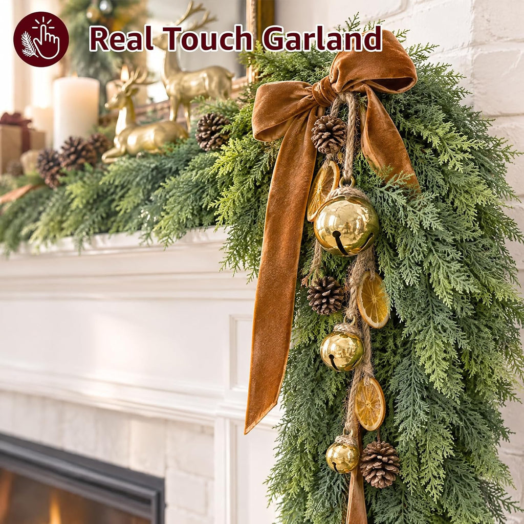 Cedar Christmas Garland with Lights for Mantle - Decorations 9ft Realistic Lighted Faux Pine Garlands for Xmas Home