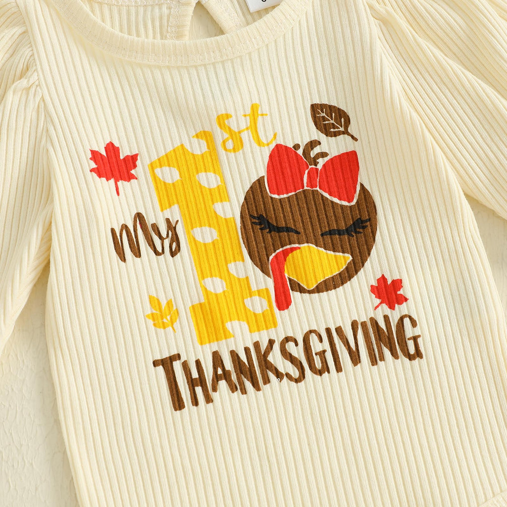 My First Thanksgiving Baby Girl Outfit Newborn Turkey Onesie Bell Bottoms Set Cute Romper Flare Pants Fall Clothes (A