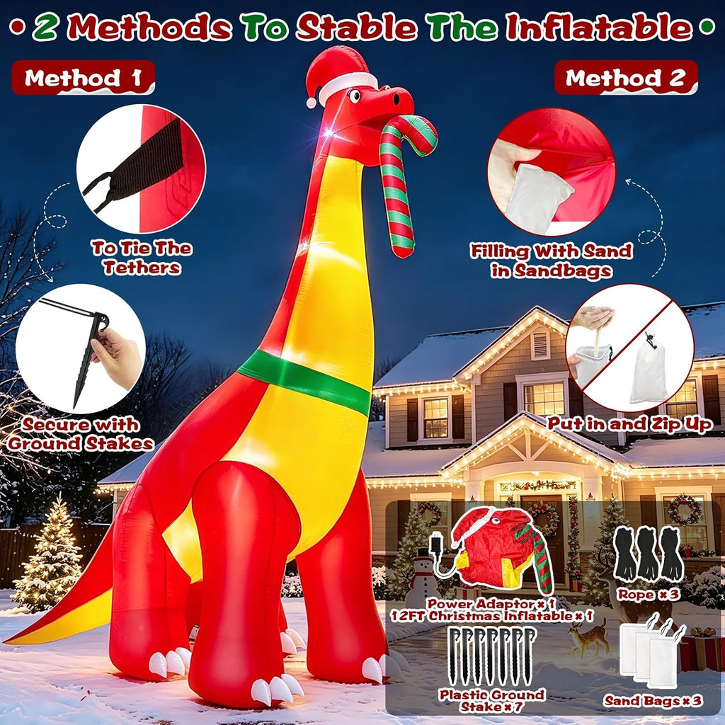 12 Ft Christmas Inflatables Dinosaur Outdoor Decorations, Giant Christmas Blow up,Built in LED Lights, Xmas