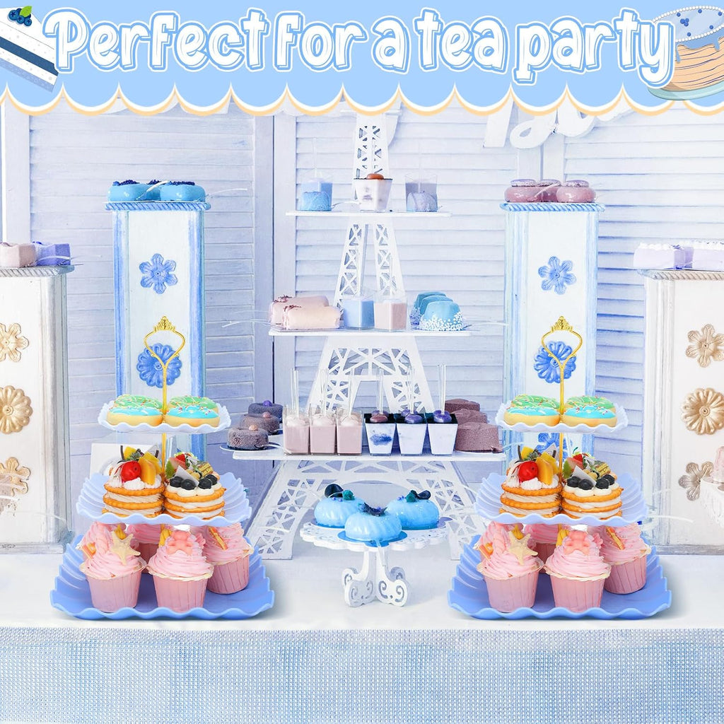 Scalloped Cupcake Stand Dessert Plates Plastic Square Tiered Serving Stand Display Tower for Wedding, Birthday - Set of 2