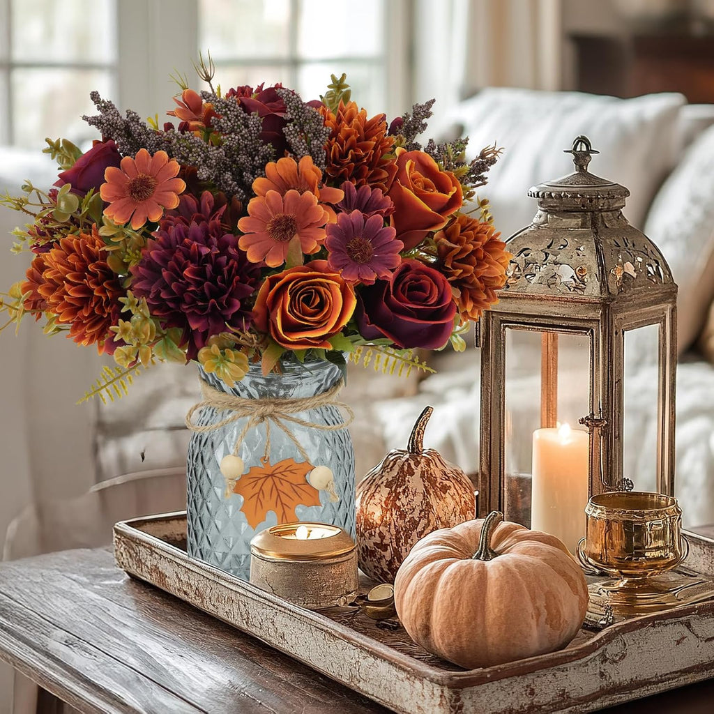 Bundles Fall Artificial Flower Arrangements with Vase, Burnt Orange Roses - Set of 3