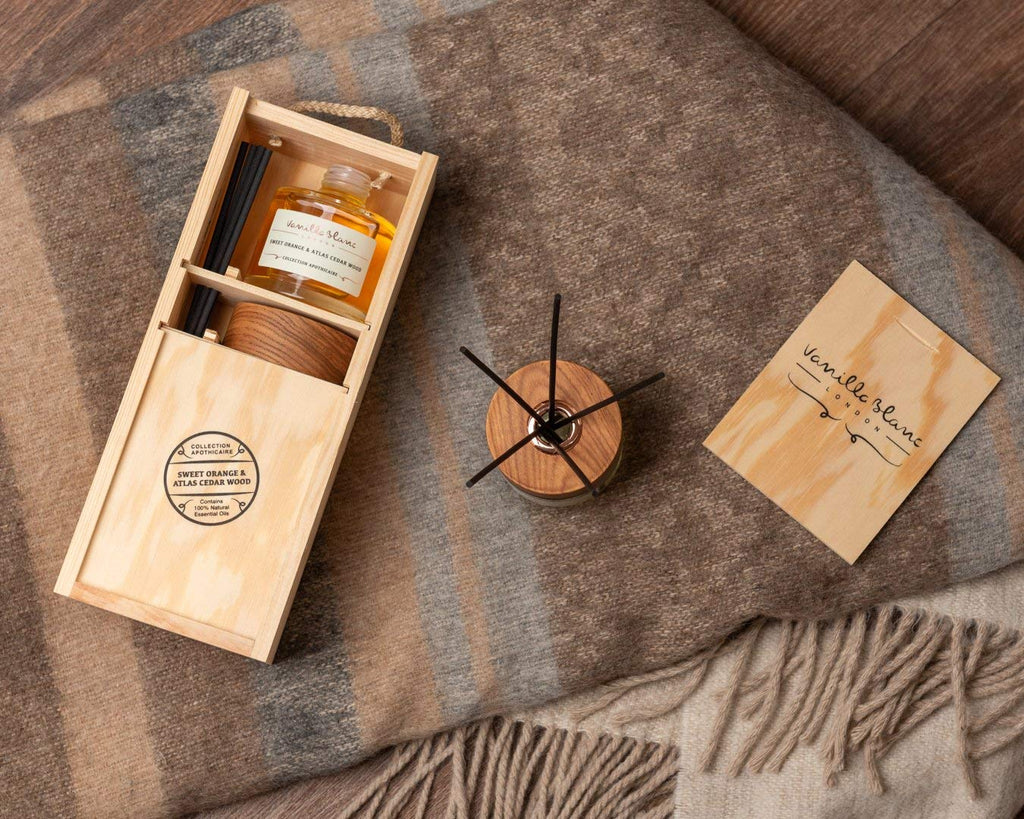 Natural Reed Diffuser & Candle Gift Set Encased in Signature Hand Crafted Wooden Box (Sweet Orange & Atlas Cedar Wood)