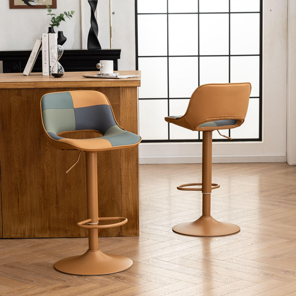 Bar Stools Set of 2, Boho Colorful Patchwork Barstools, Adjustable Swivel Counter Height Bar Stool Faux Leather