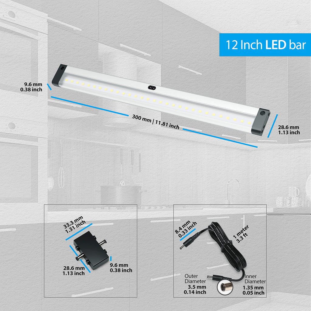 12 inch LED Dimmable Under Cabinet Lighting Strip with Hand Wave Motion Sensor, Black, with Accessories (No Power