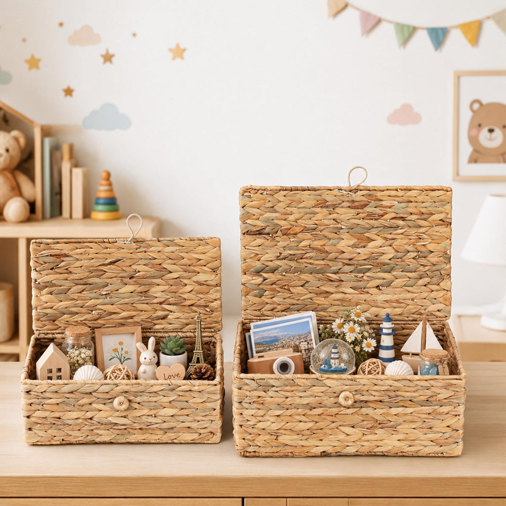 Set of 2 Rectangular Wicker Storage Basket with Lid