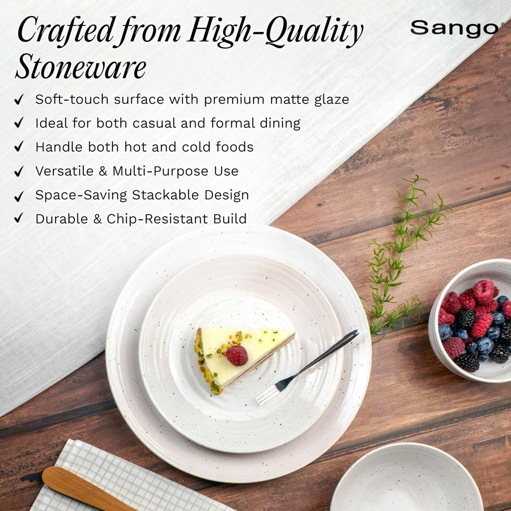 Siterra 16-Piece Rustic White Stoneware Dinnerware Set - Service for 4, White with Glossy Speckle Overlay
