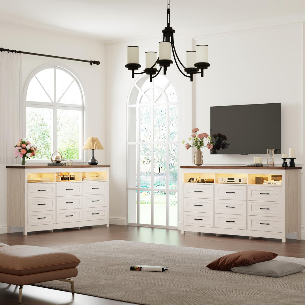 Farmhouse 9 Drawer with LED Lights, 63" Wide Large Chest of Drawers, Modern Wood Storage Organizer with Charging