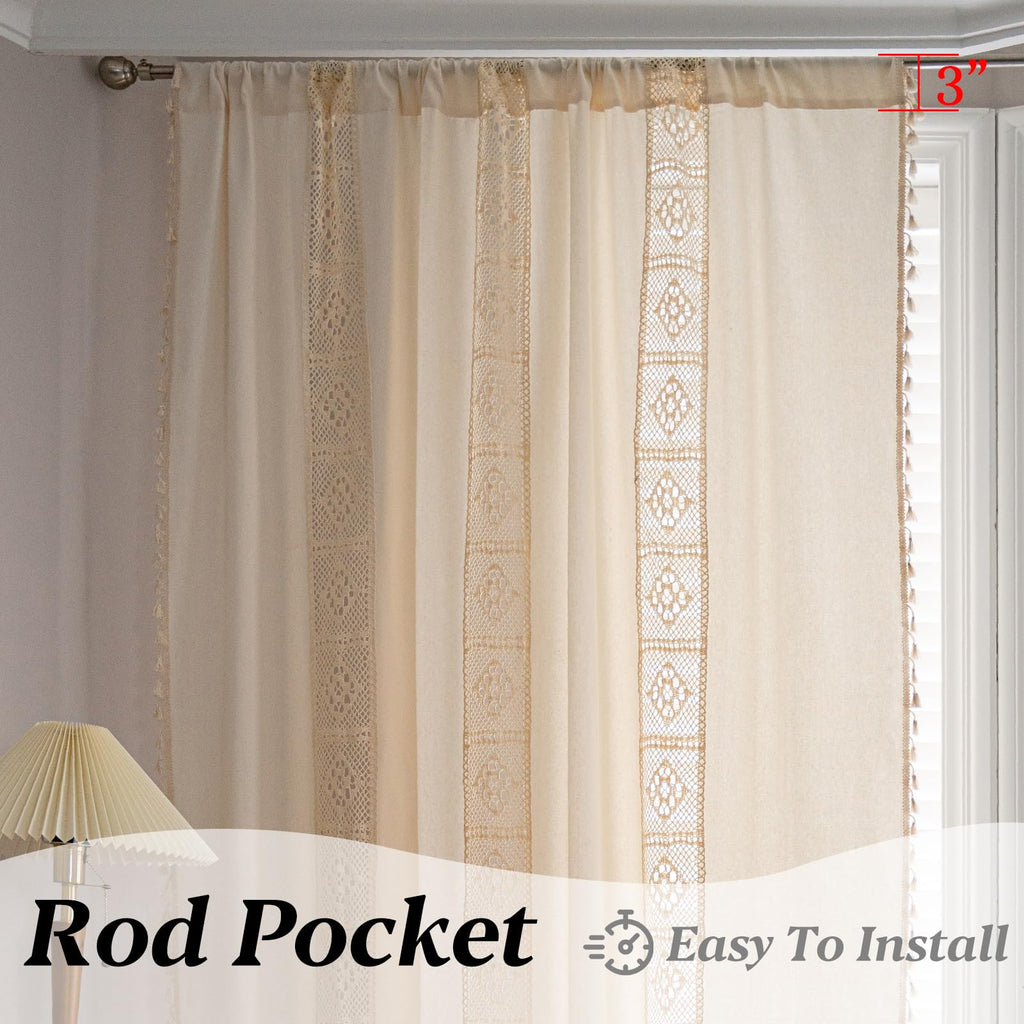 Boho Curtain Crochet Lace Patchwork Semi-Blackout Bohemian Handmade Tassels, Rod Pocket Window Treatment Vintage