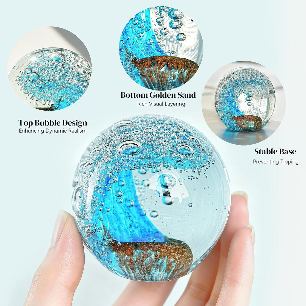 Hand Blown Glass Ocean Waves Ball Paperweight