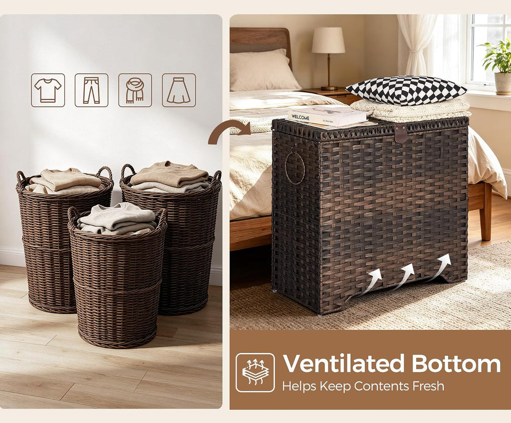 130L Wicker Laundry Hamper with Lid, 3-Section Laundry Basket | 3 Removable Liner Bags; 4 Included Mesh Laundry Bags;