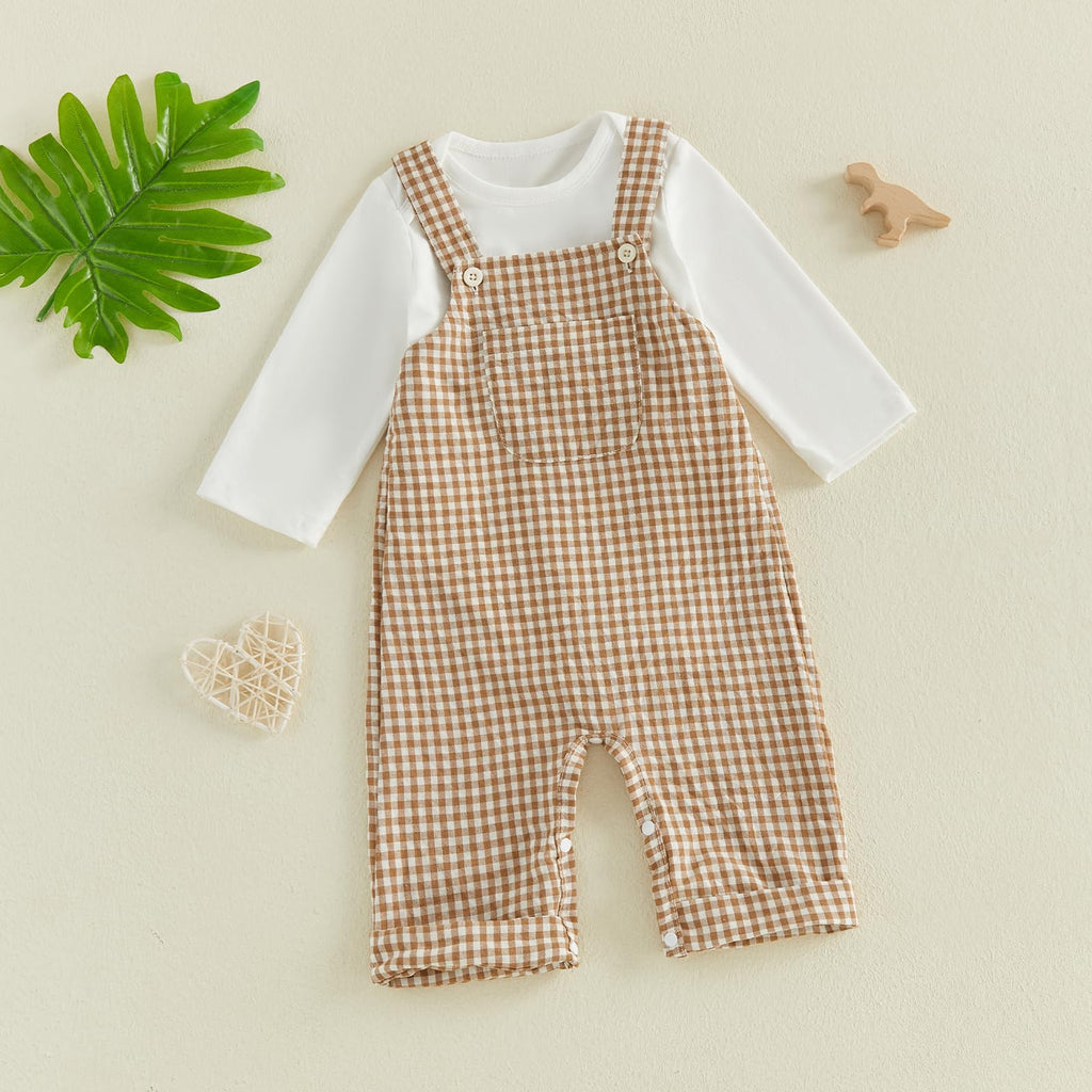 Newborn Infant Baby Boy Fall Clothes Long Sleeve Romper Top Gingham Plaid Overall Pants Hat 3Pcs Fall Outfits Set