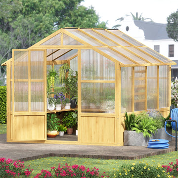 8 x 8 FT Outdoor Wooden Greenhouse, Walk-in Heavy Duty Greenhouse, Cedar Frame with 6MM Thick Polycarbonate Panel and