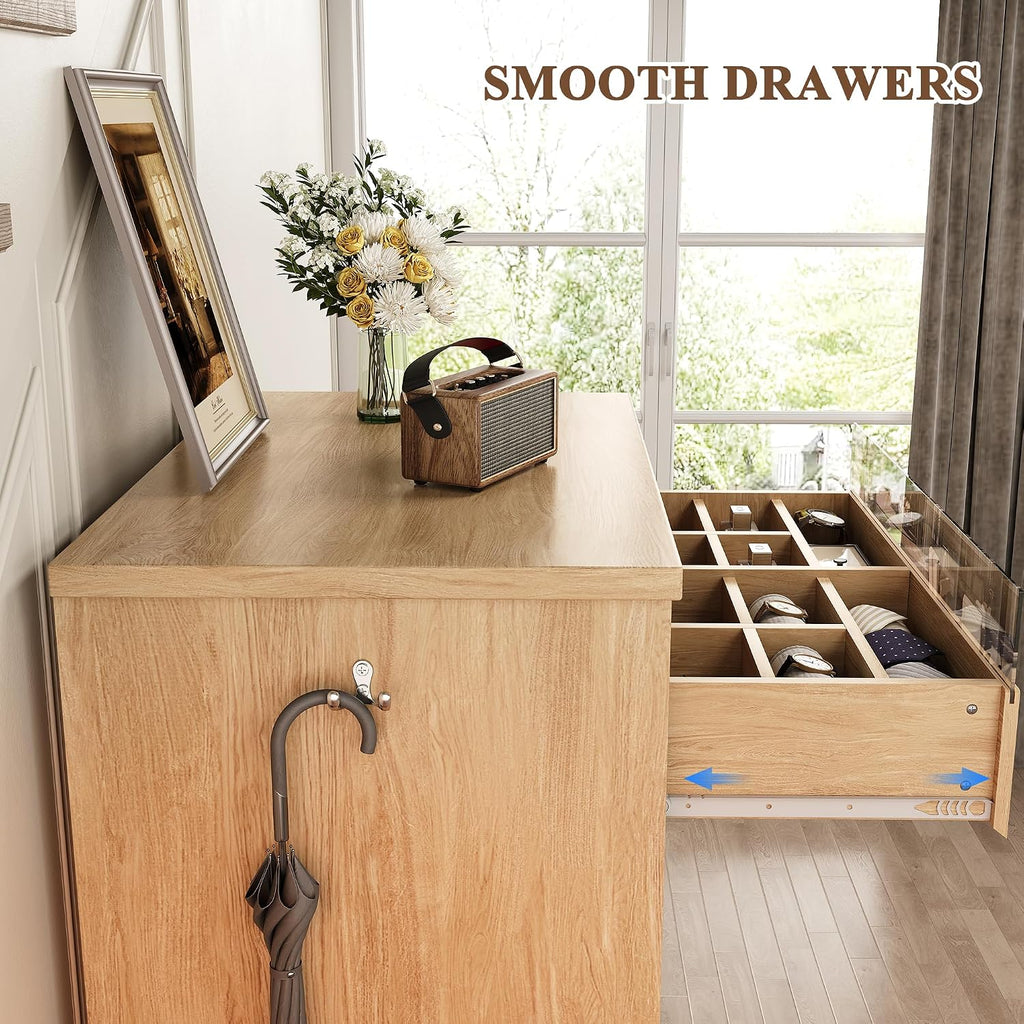5 Drawer Dresser with LED Light, Modern Chest of Drawers with Hidden Handles, Tall Wooden Dresser Closet - Oak