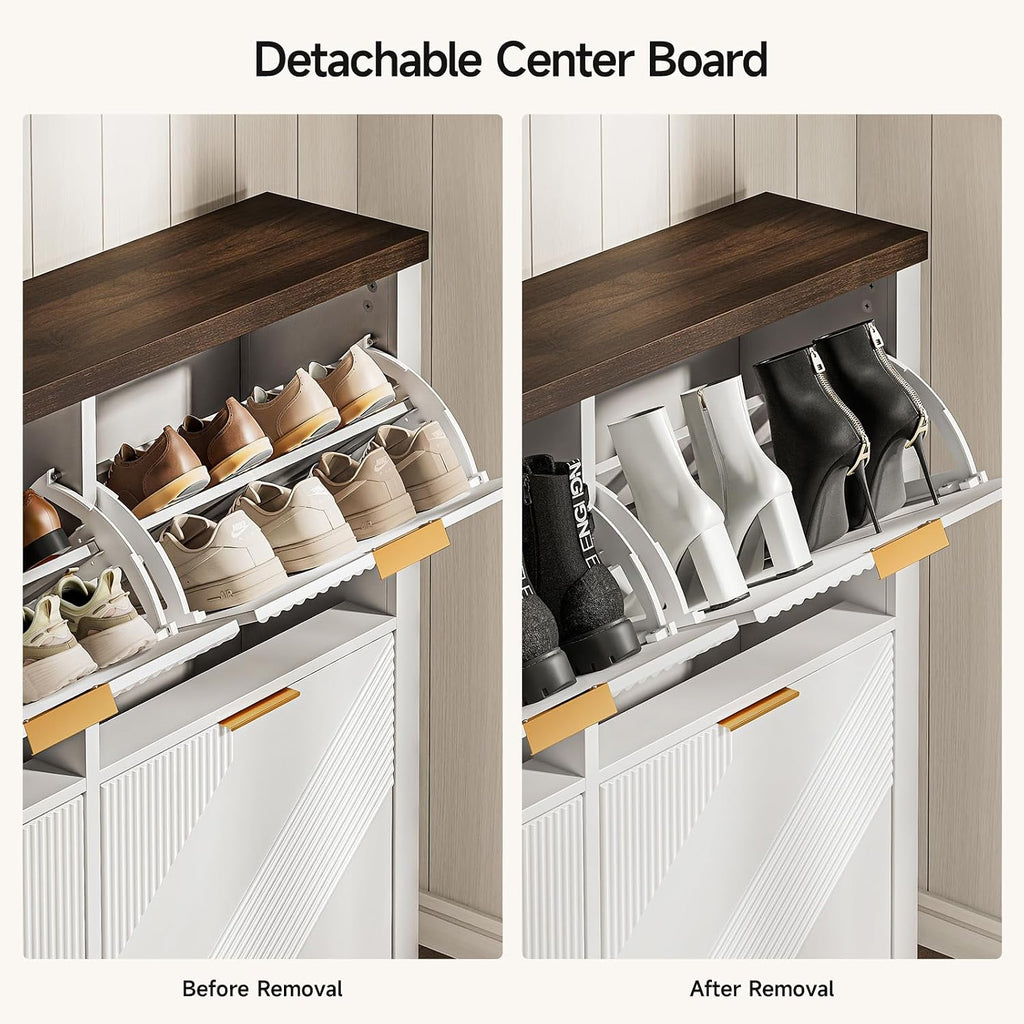 Shoe Cabinet with 4 Flip Drawers & Symmetric Groove Pattern | 44.5''W x 9.2''D x 39.4'' White Fit for 16-24 Pairs of