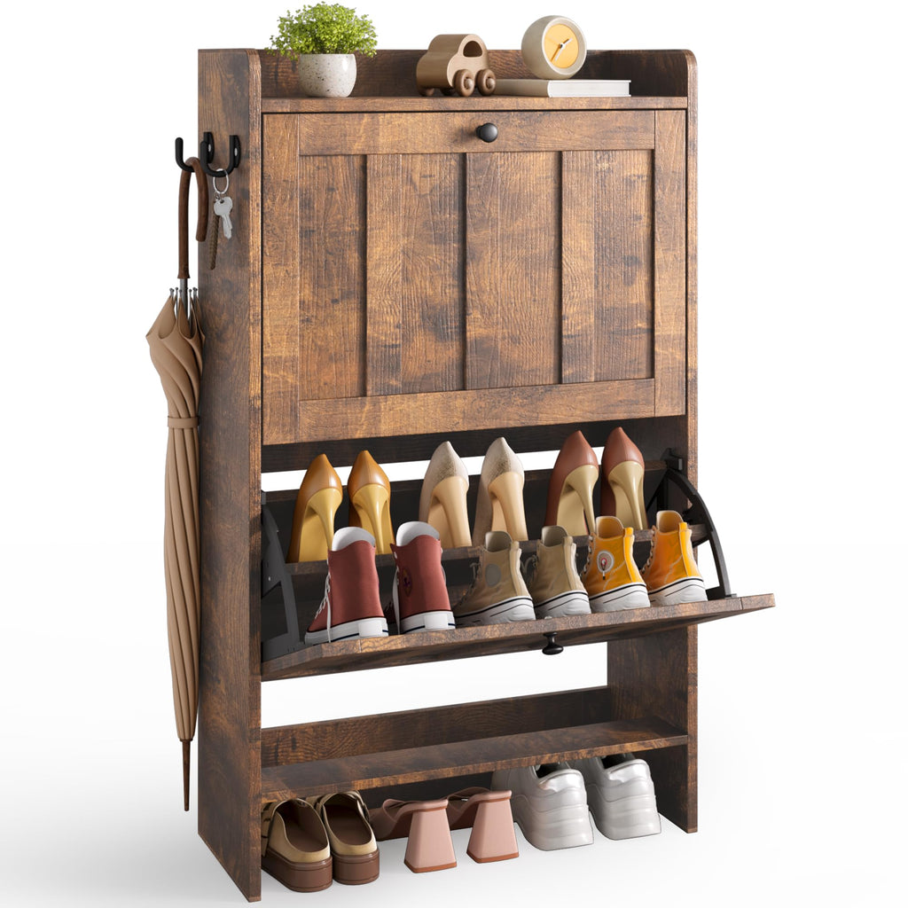 Narrow Shoe Storage Cabinet with 2 Flip Drawers, Retro