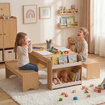 Kids Table and Bench Set, Montessori Kids Table and Chair Set, Indoor Wooden Toddler Activity Table with Bookshelves
