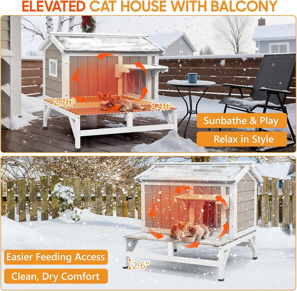 Insulated Outdoor Cat House with Balcony, Raised Feral Shelter