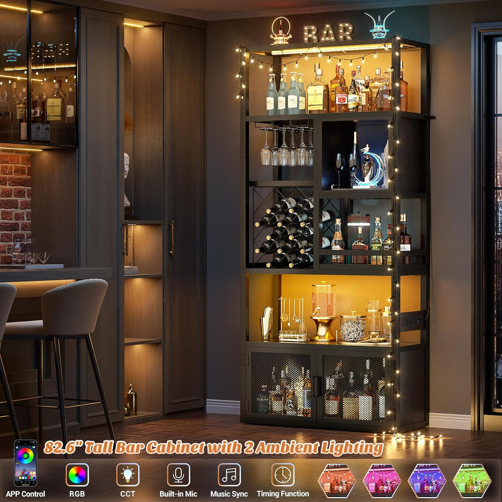 82.6" Tall Bar Cabinet with Power Outlets & LED Lights, Liquor Cabinet Bar , Reversible Coffee Station Wine Cabinet
