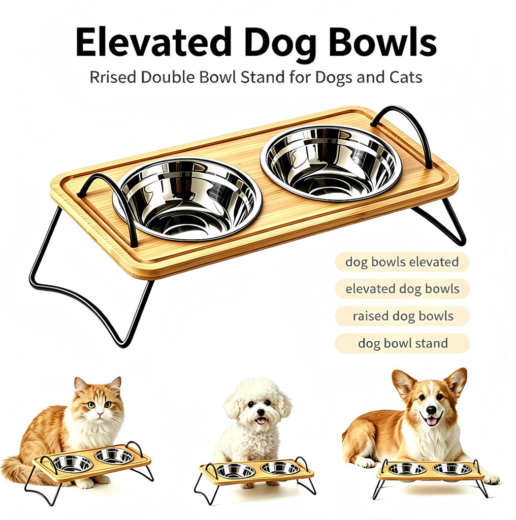 Dog Bowls elevatedRaised and Cat Food Bowl Stand, Elevated Bamboo Pet Feeder with 2 Removable Stainless Steel Bowls