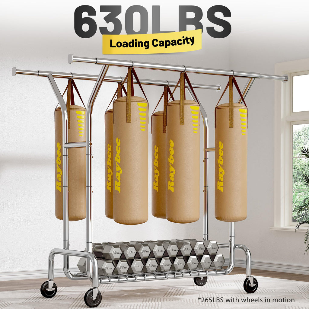 Heavy Duty Clothes Rack 630 LBS Double Rods Sturdy Shelves & Wheels