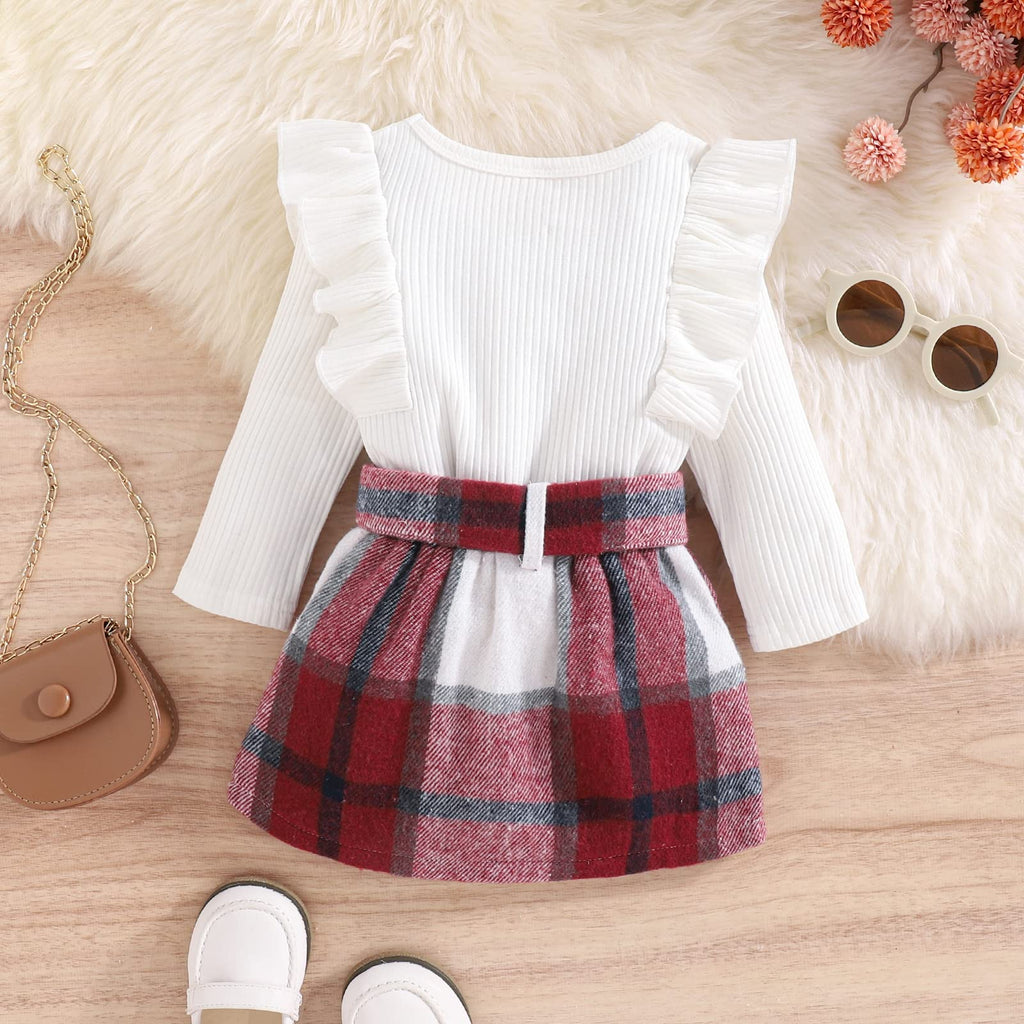 Toddler Baby Girls Plaid Outfits Knit Ribbed Sweatshirt Shirt Tops Red Plaid Belt Skirt Fall Winter Clothes