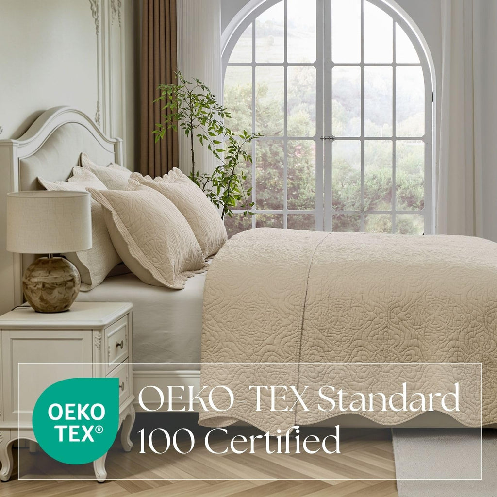 100% Cotton Sateen Quilt Set | Silky Soft & Breathable | Elegant Medallion Damask Pattern | Lightweight Cotton Fill