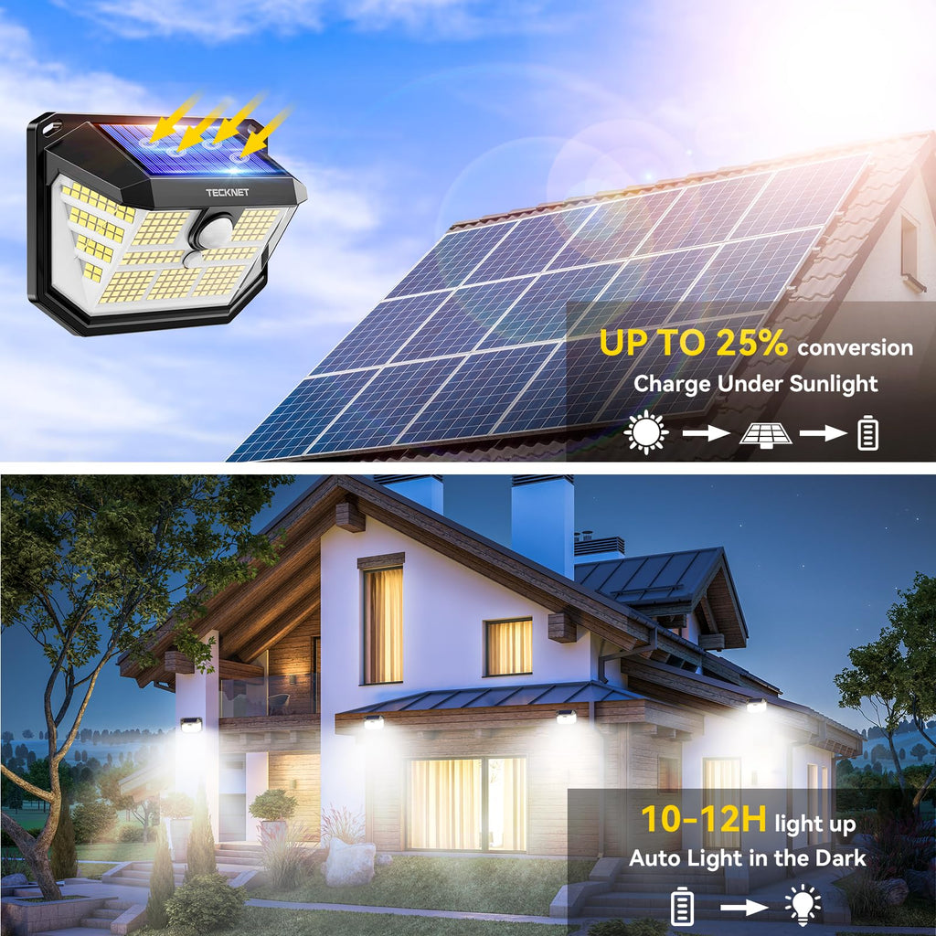 231 LED Solar Motion Lights Outdoor, 300° Angle & 3 Lighting Modes, PIR Motion Sensor & IP65 Security Solar Wall