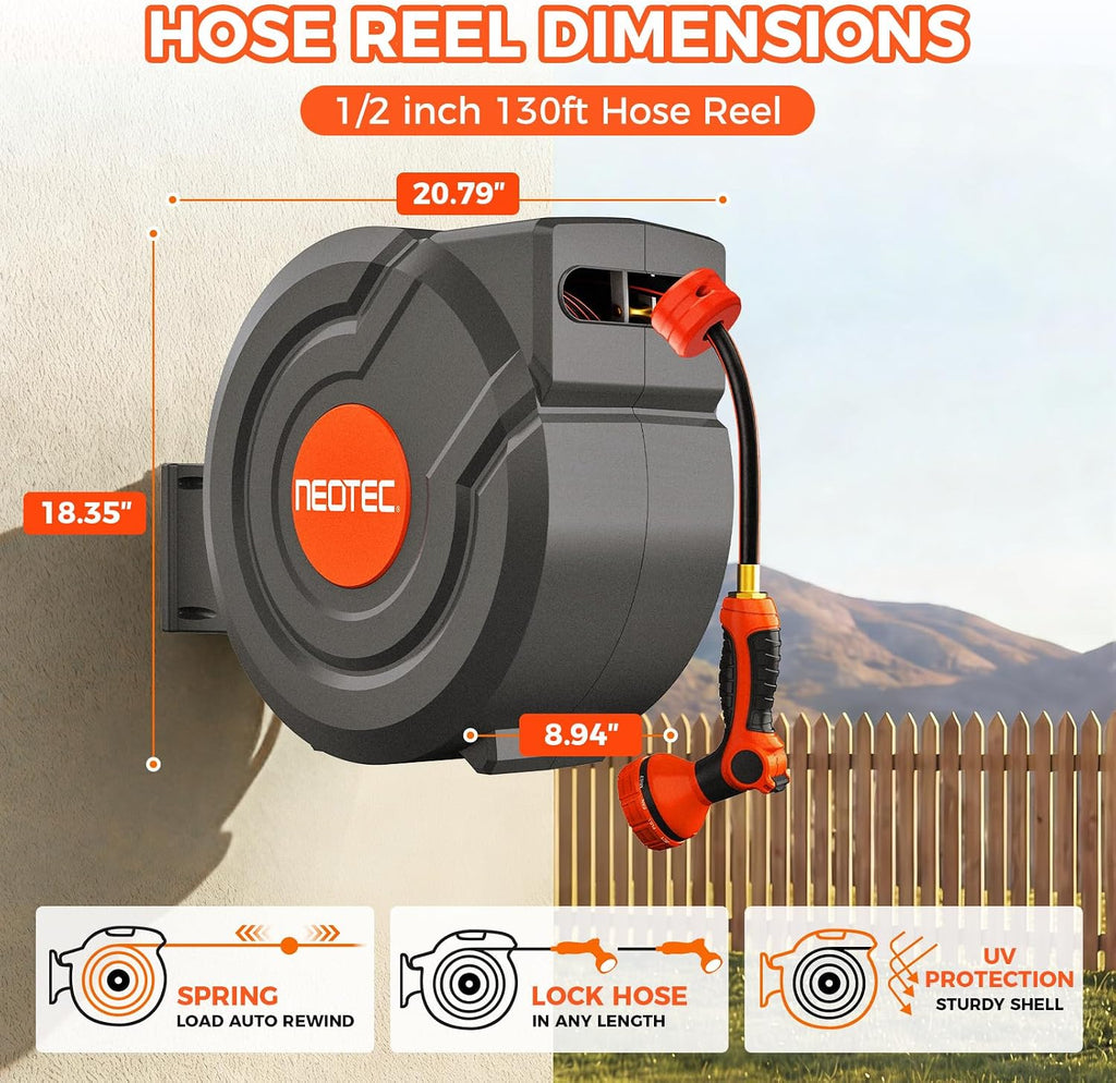 Upgraded Retractable Garden Hose Reel 1/2" x 130 ft 9 Pattern Nozzle Any Length Lock Wall-Mounted Automatic Slow