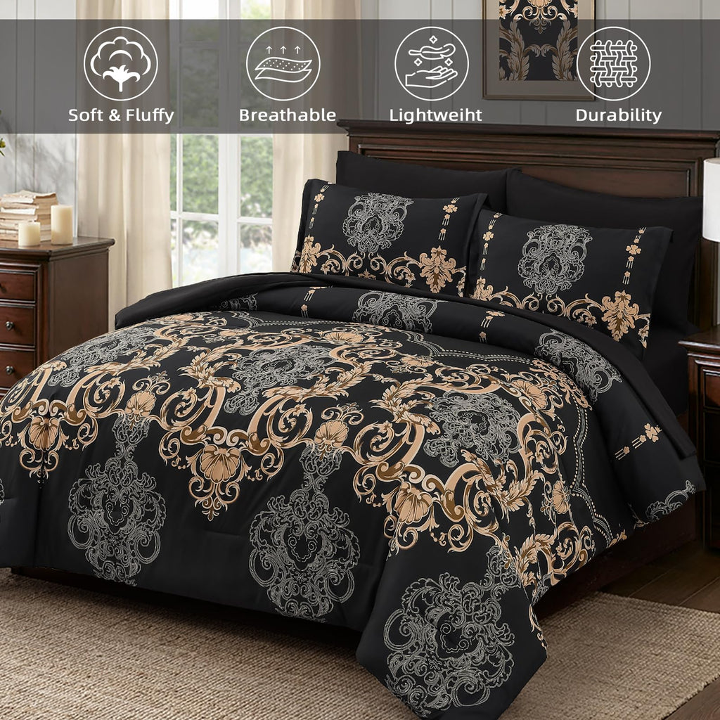 Black Comforter Set King Size, 7 Pieces Gold Damask Bed in a Bag